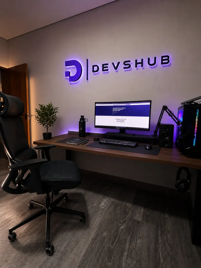 Escritório da DEVSHUB com o letreiro iluminado da marca